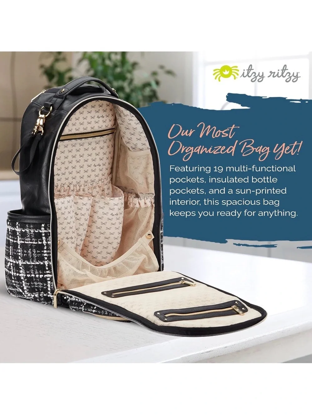 Itzy Ritzy Black and White Tweed Backpack with Gold Hardware
